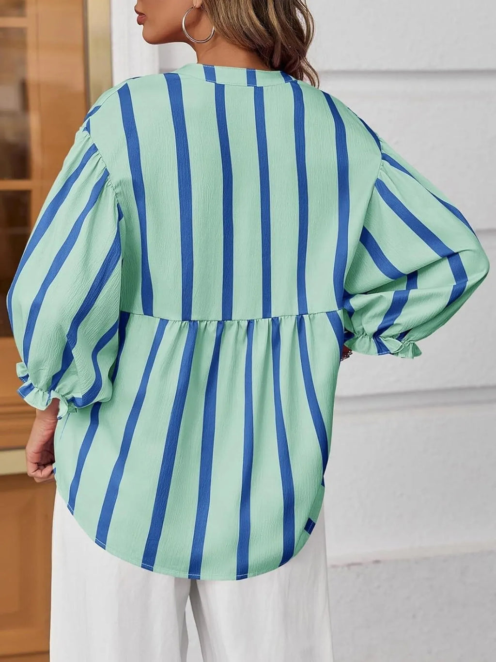 Striped Button Front Notched Blouse (4)