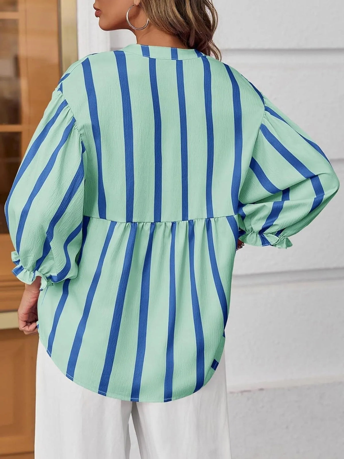 Striped Button Front Notched Blouse (4)