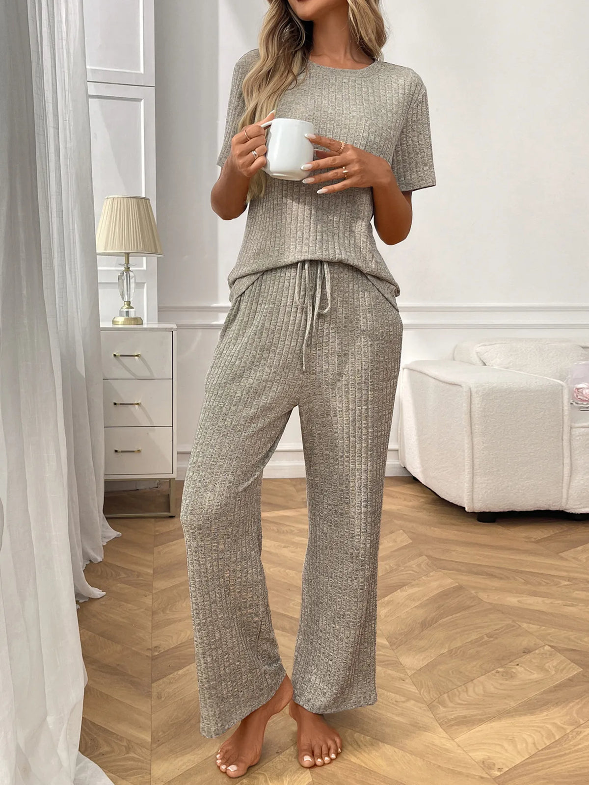 Ribbed Knit Short Sleeve Top Pants Lounge Set
