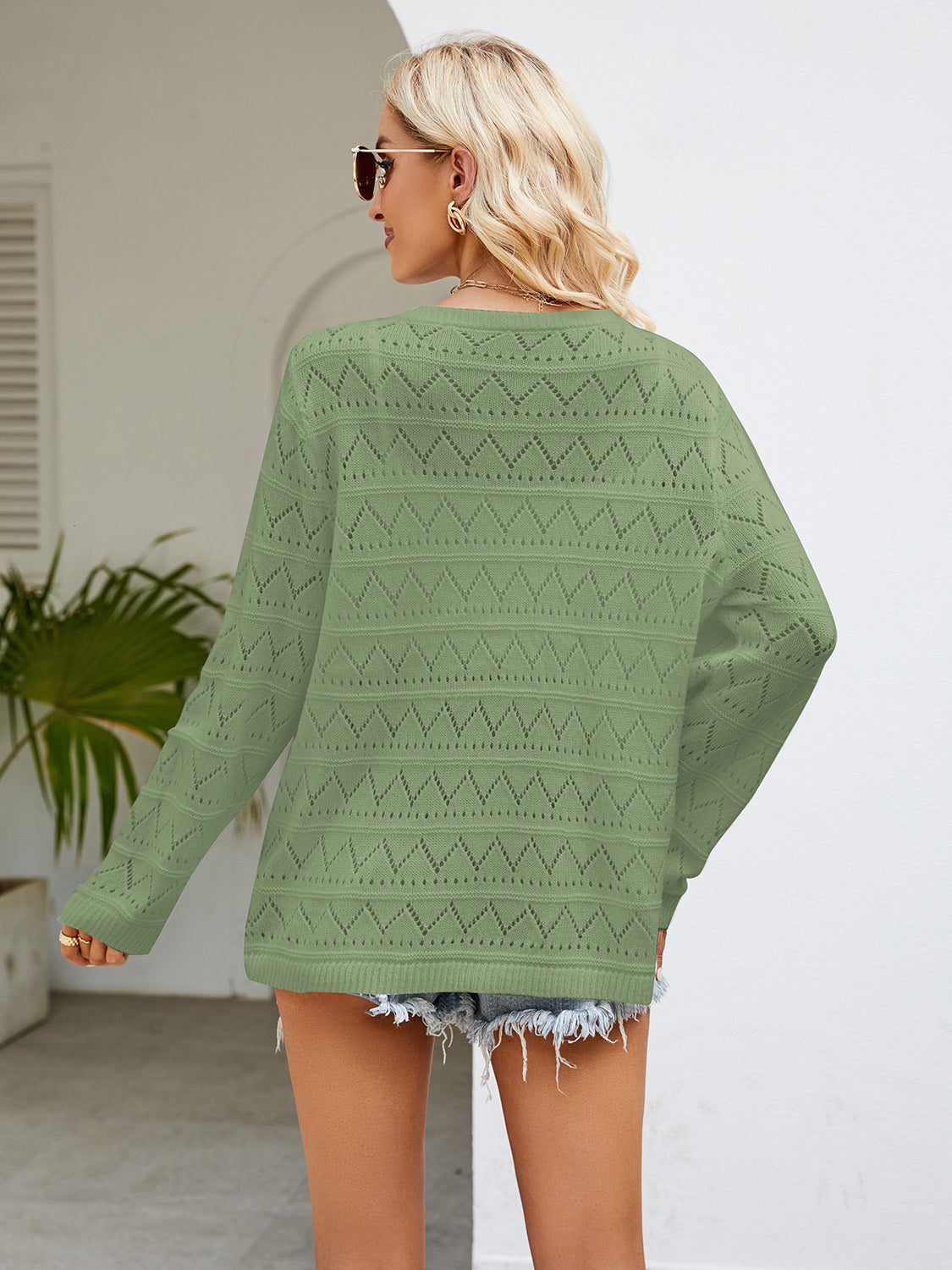 Round Neck Openwork Long Sleeve Knit Top (10)