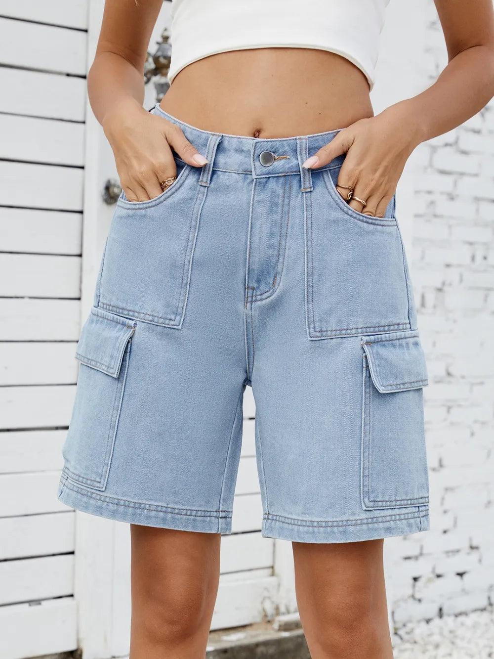 High Waist Denim Shorts Cargo Pockets (2)