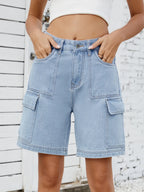 High Waist Denim Shorts Cargo Pockets (2)