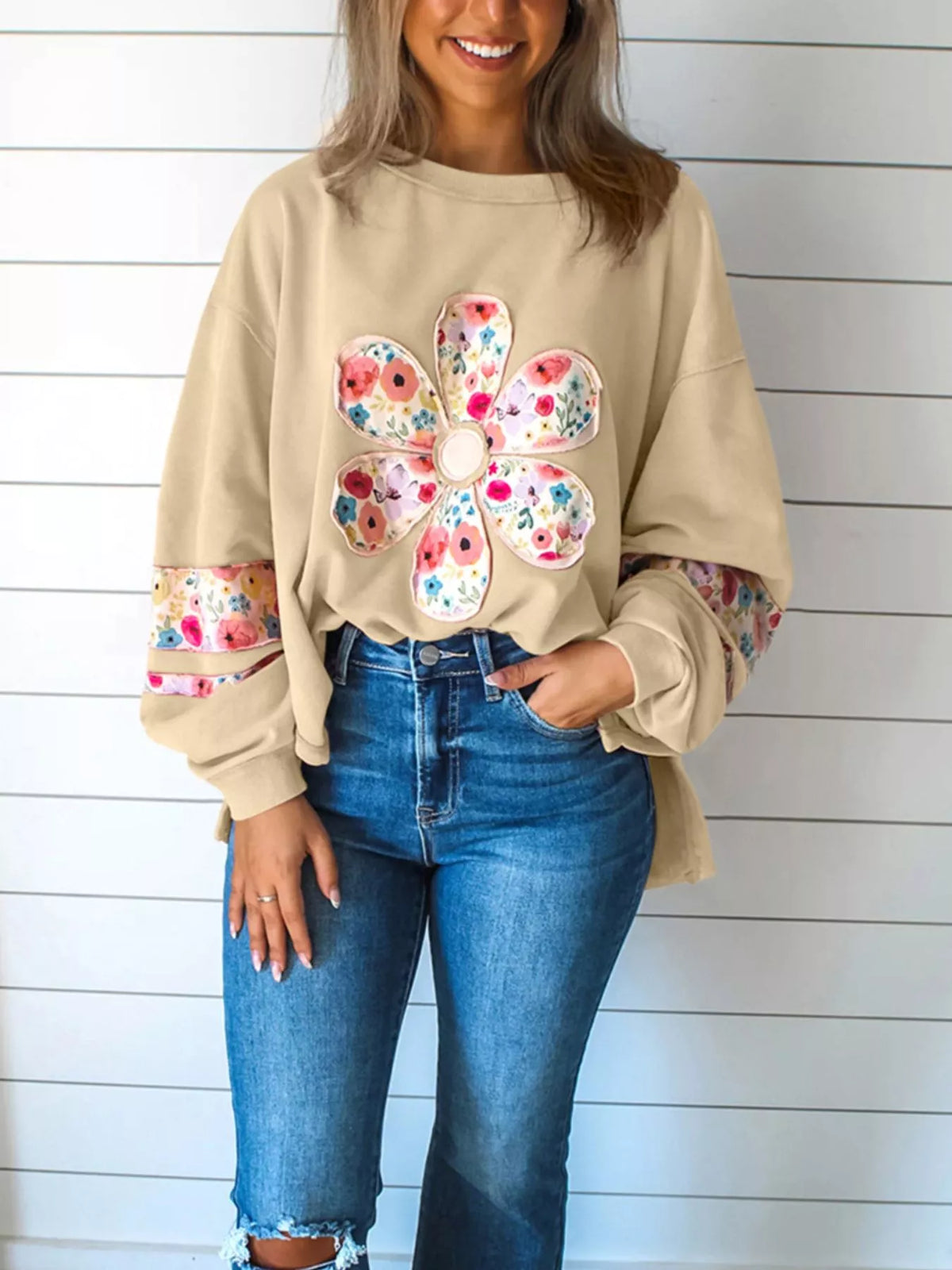 Plus Size Floral Applique Drop Shoulder Sweatshirt (5)