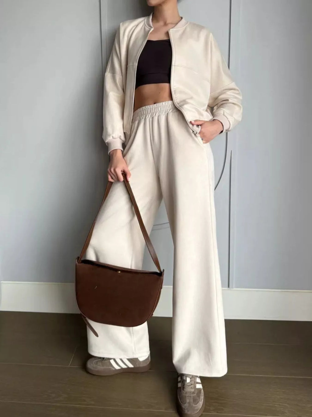 Zip Up Sweatshirt Wide-leg Pants Set (3)
