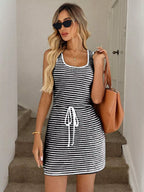 Striped Knitted Mini Dress Drawstring (8)