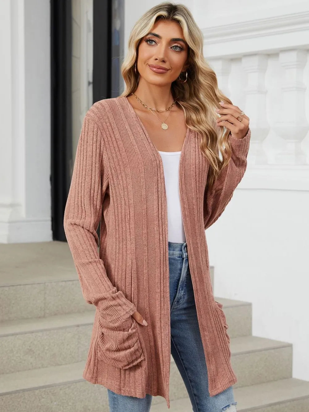 Pocketed Open Front Long Sleeve Cardigan (14)