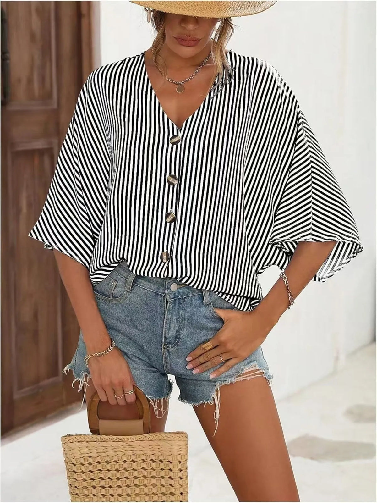 V-neck Striped Batwing Sleeve Casual Blouse (4)