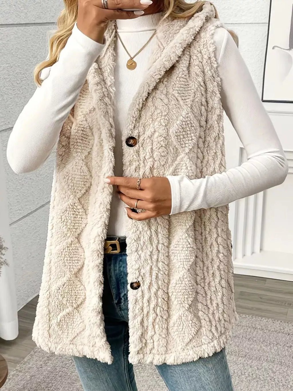 Hooded Button-up Sherpa Vest Coat (3)