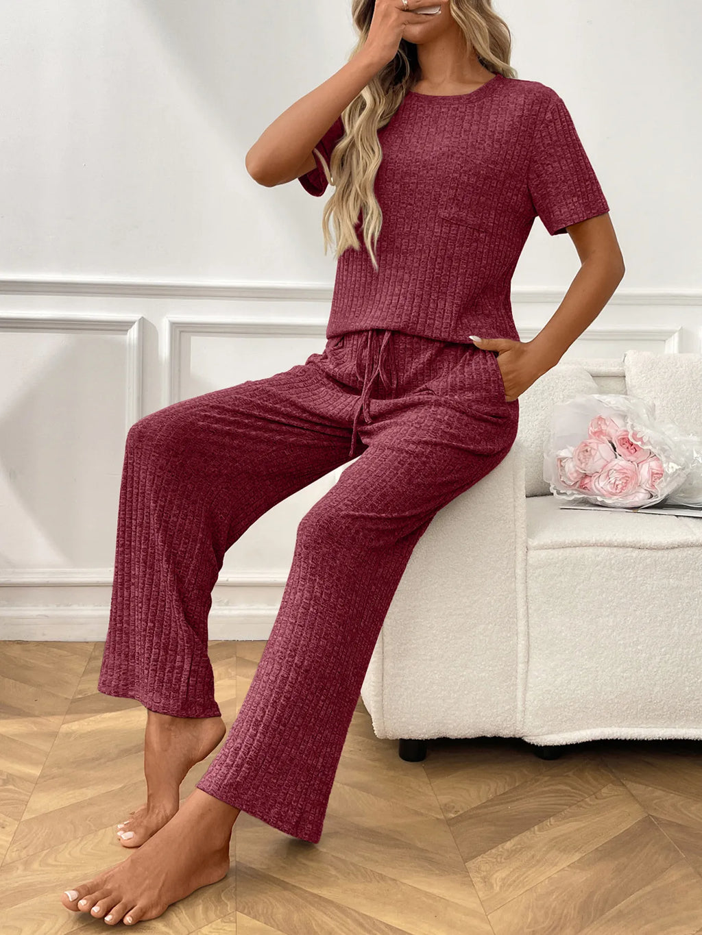 Ribbed Knit Short Sleeve Top Pants Lounge Set (13)