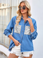Raw Hem Button Up Long Sleeve Denim Jacket Sequin Pockets (9)