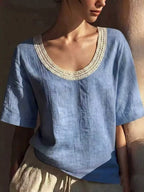Full Size Lace Trim Short Sleeve Blouse Plus