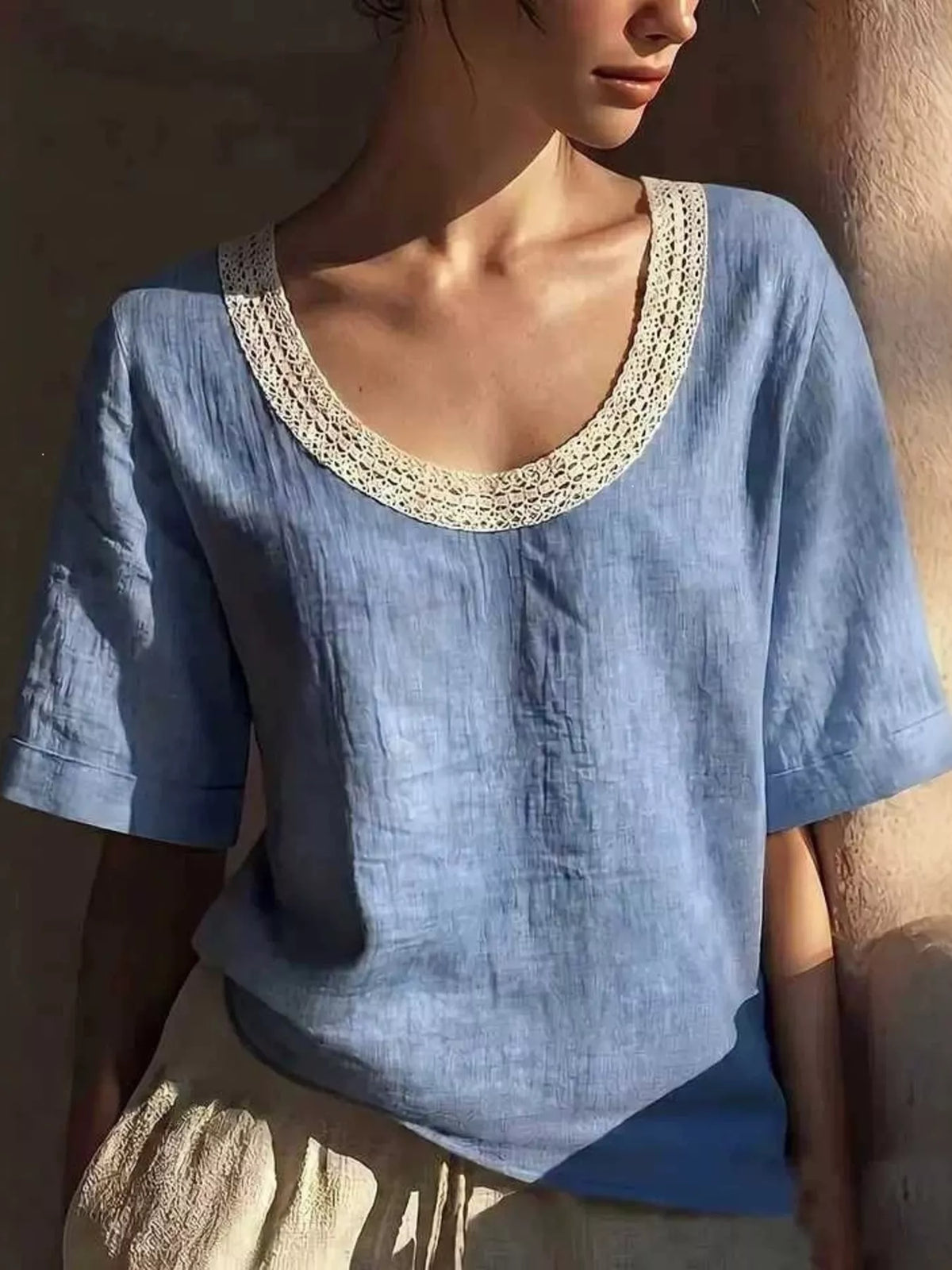 Full Size Lace Trim Short Sleeve Blouse Plus