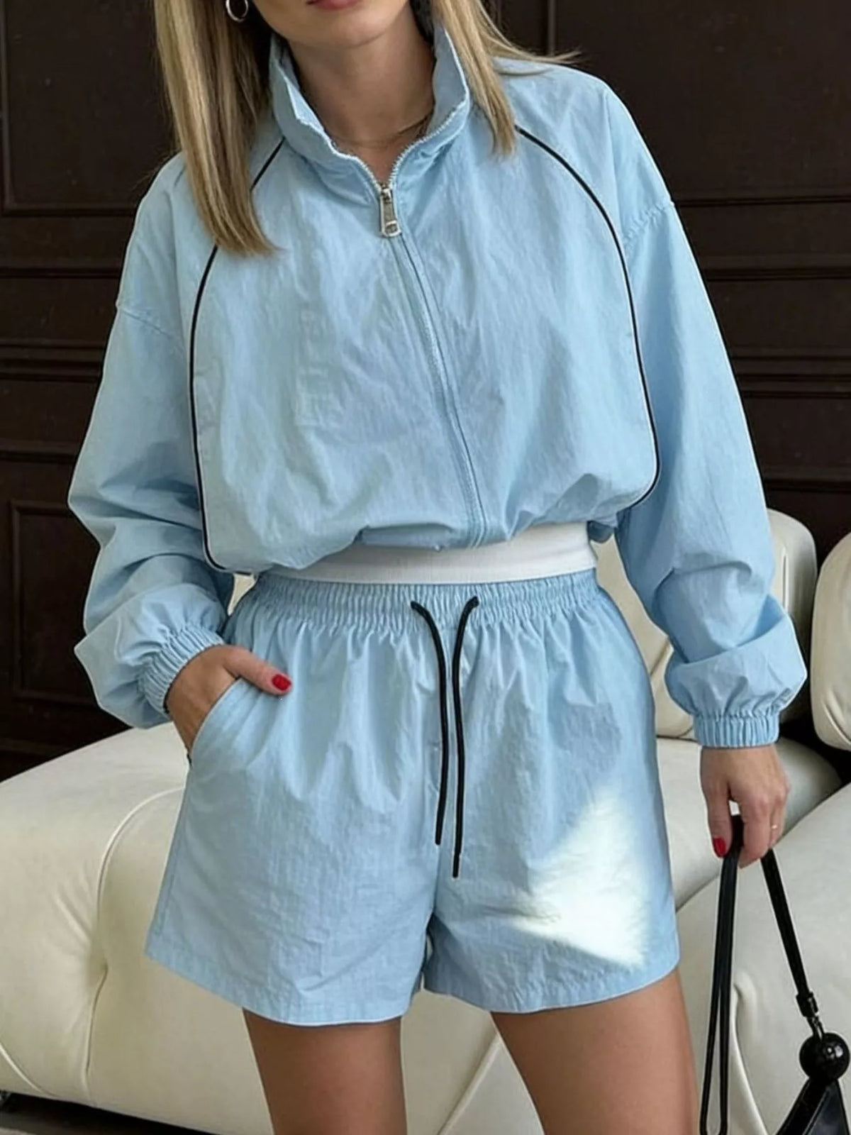 Zip Up Long Sleeve Outerwear Shorts Set (7)
