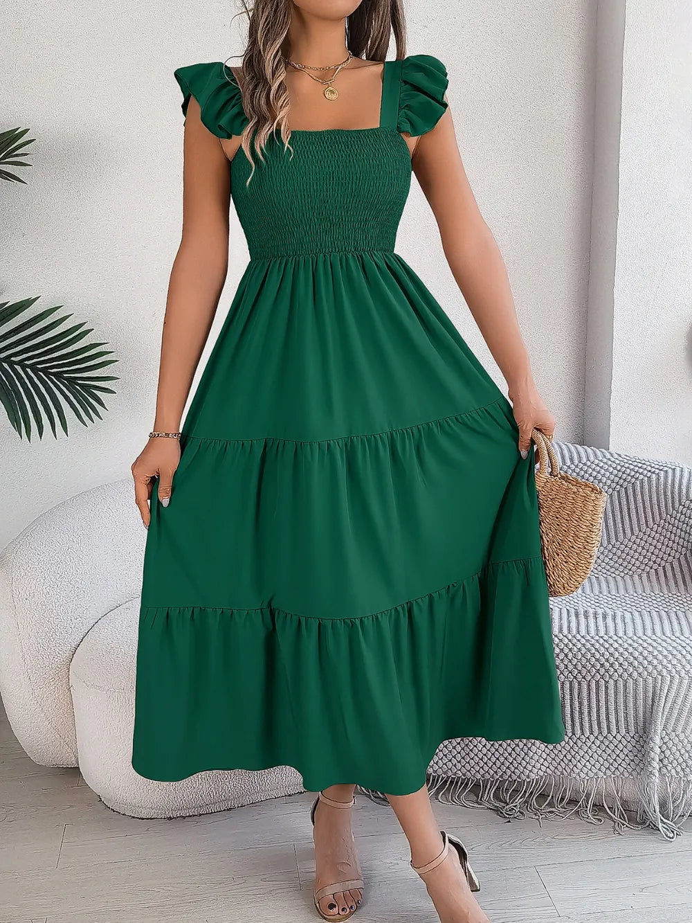 Smocked Square Neck Cap Sleeve Midi Dress (9)