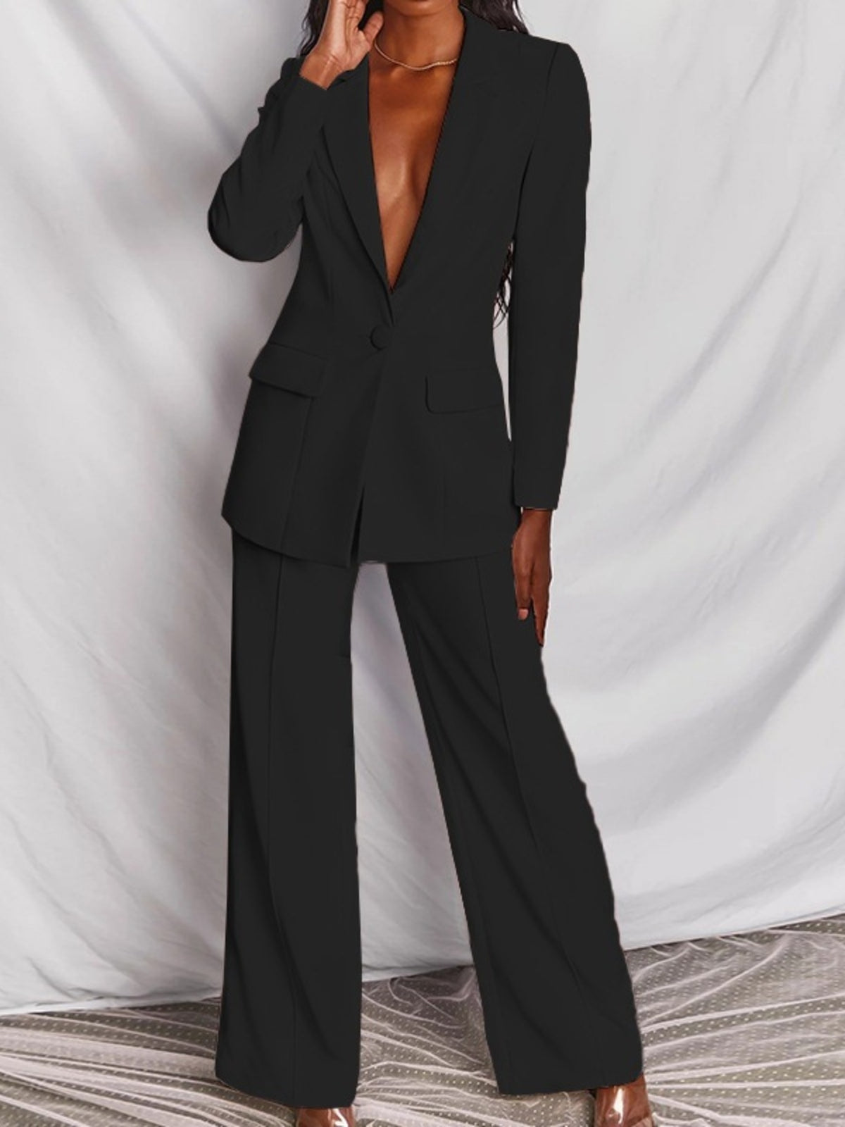 Full Size One Button Blazer Wide-leg Pants Set Plus (5)