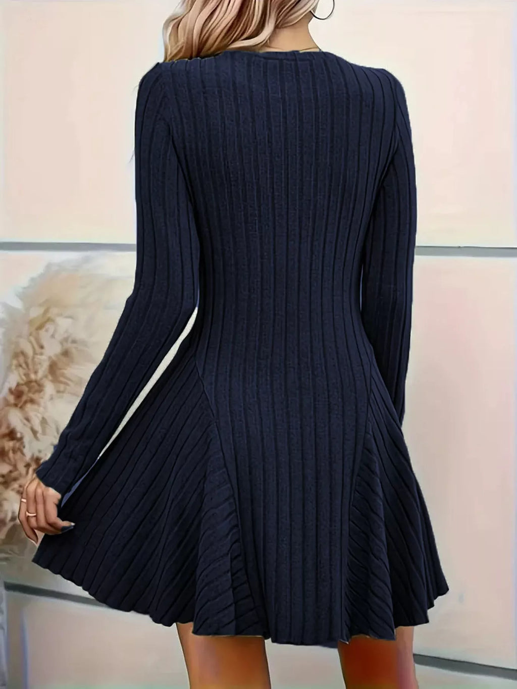 V-neck Ribbed Knit A-line Dress (34)