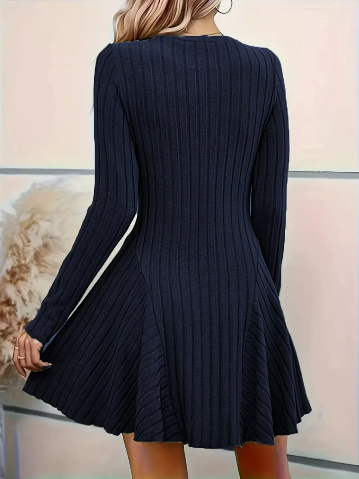 V-neck Ribbed Knit A-line Dress (34)