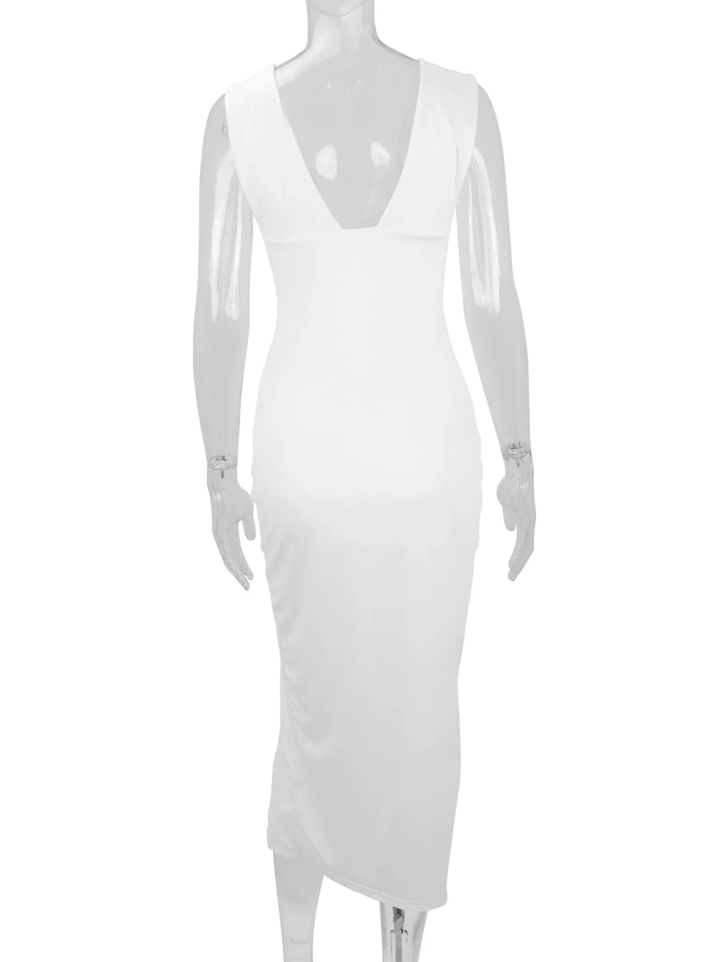 Sleeveless Deep V-neck Ruched High Slit Bodycon Dress (7)