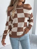 Cold Shoulder Checkered Long Sleeve Sweater (8)