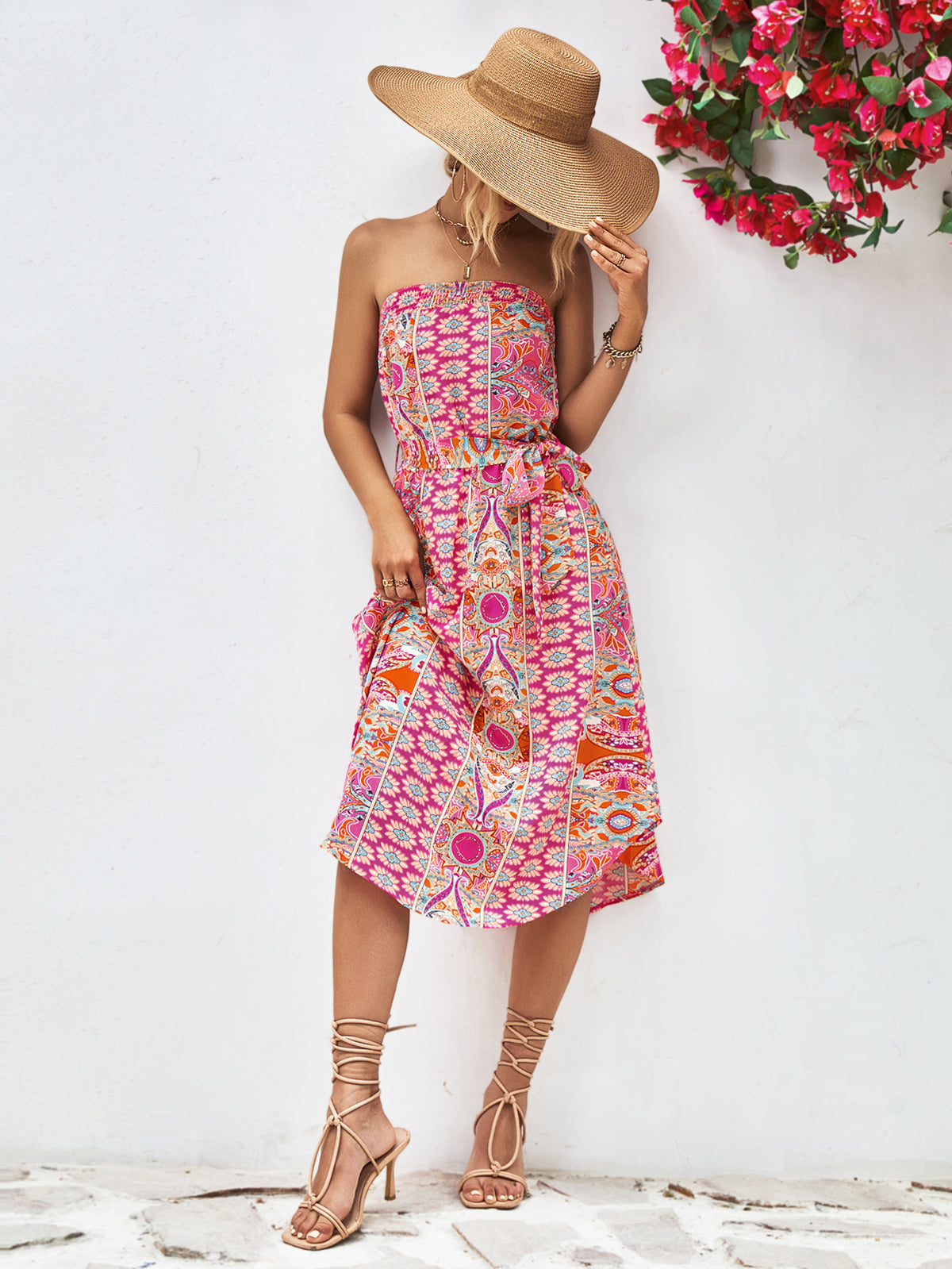 Printed Strapless Tie Belt Dress (4)