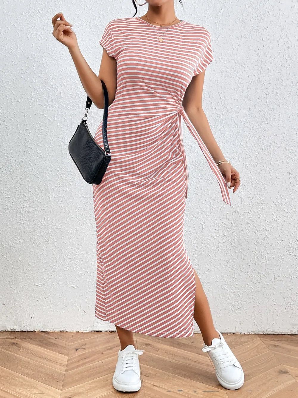 Tied Striped Round Neck Short Sleeve Tee Dress (19)