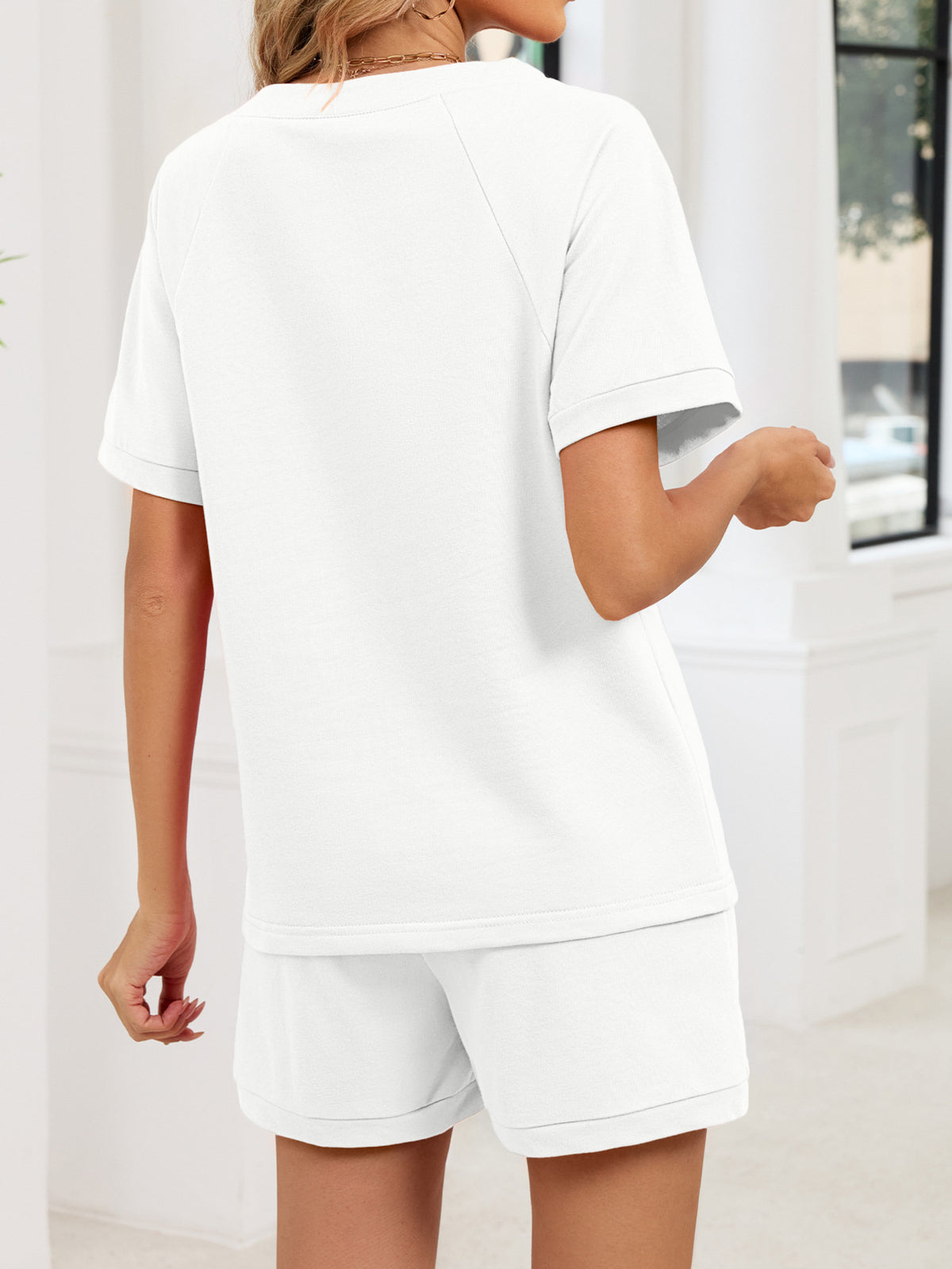 Notched Short Sleeve Top Shorts Set (24)