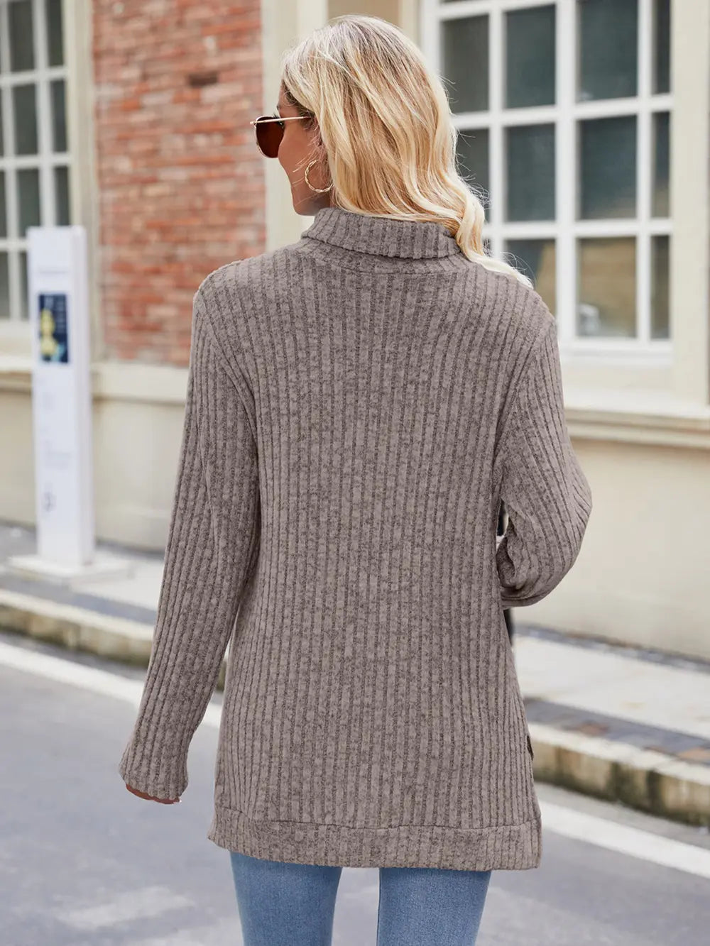 Ribbed Turtleneck Long Sleeve Slit Knit Top (2)