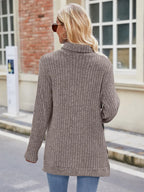 Ribbed Turtleneck Long Sleeve Slit Knit Top (2)