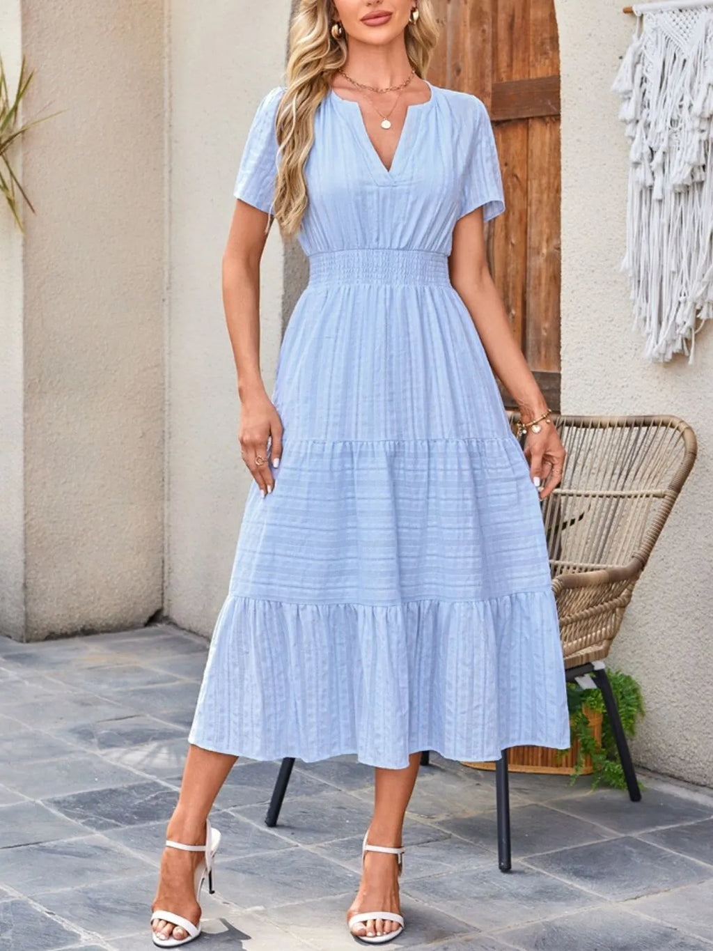 Tiered Notched Short Sleeve Dress (7)