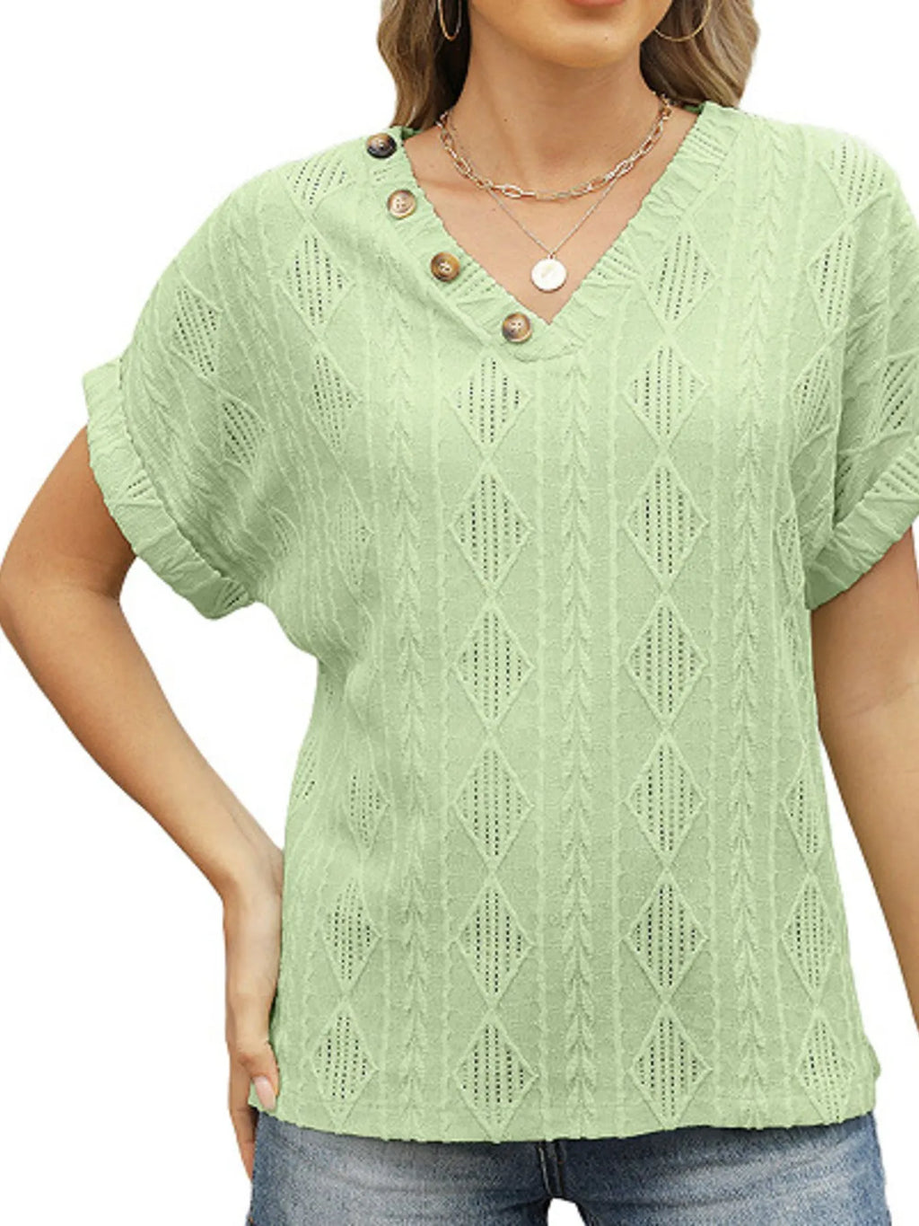 Textured V-neck Short Sleeve Top (13)