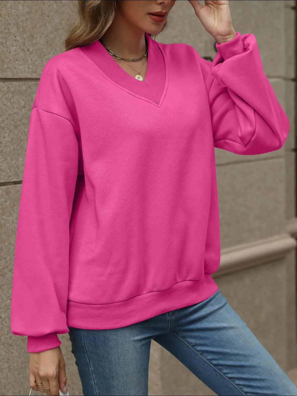 V-neck Long Sleeve Dropped Shoulder Sweatshirt (3)