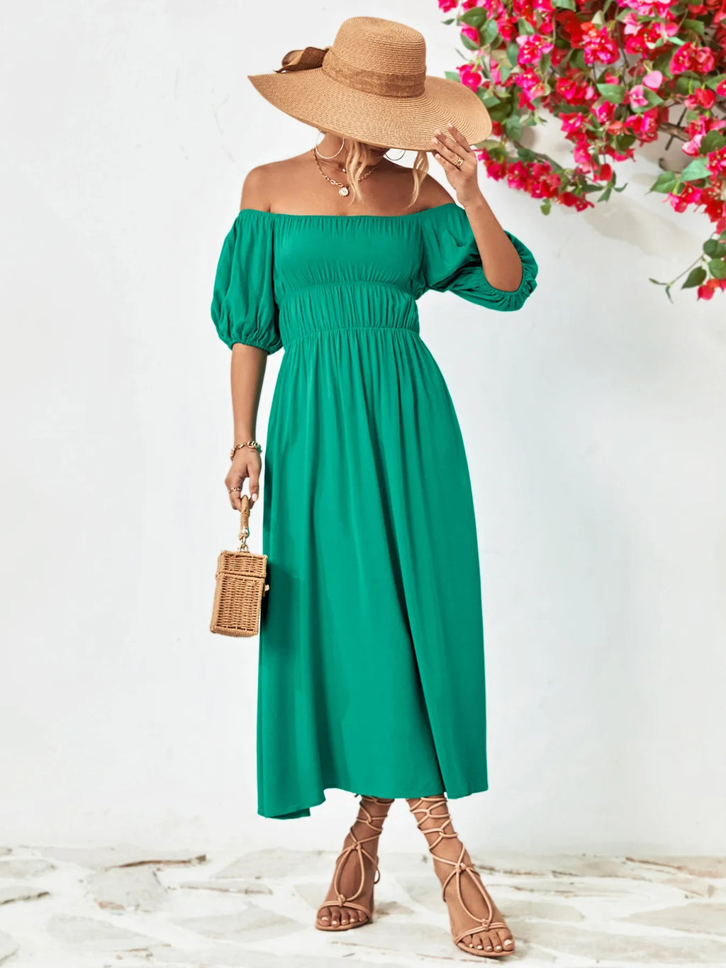 Off-shoulder Puff Sleeve Smocked Maxi Dress (3)