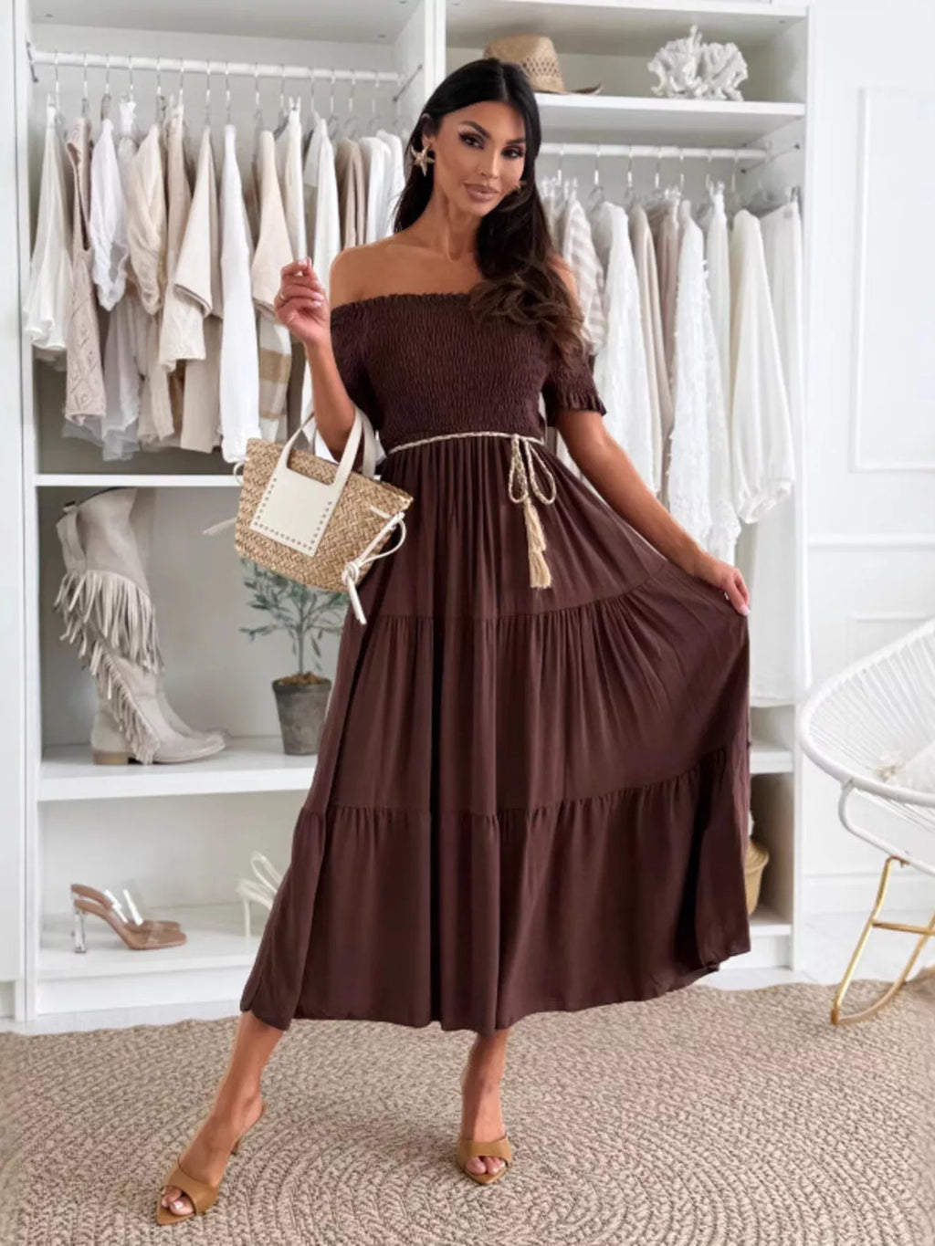 Off Shoulder Smocked Tiered Midi Dress (4)