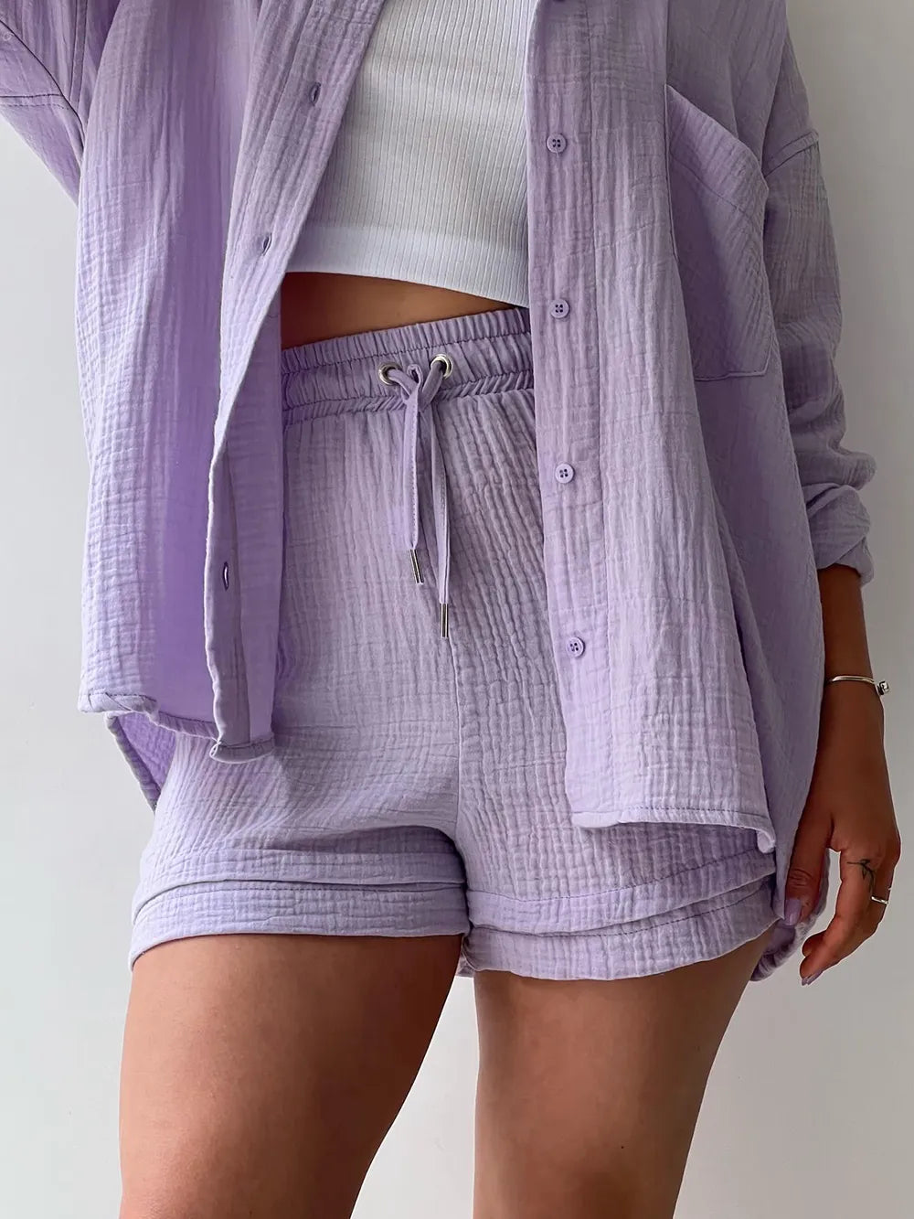 Texture Button Up Shirt Drawstring Shorts Set (29)