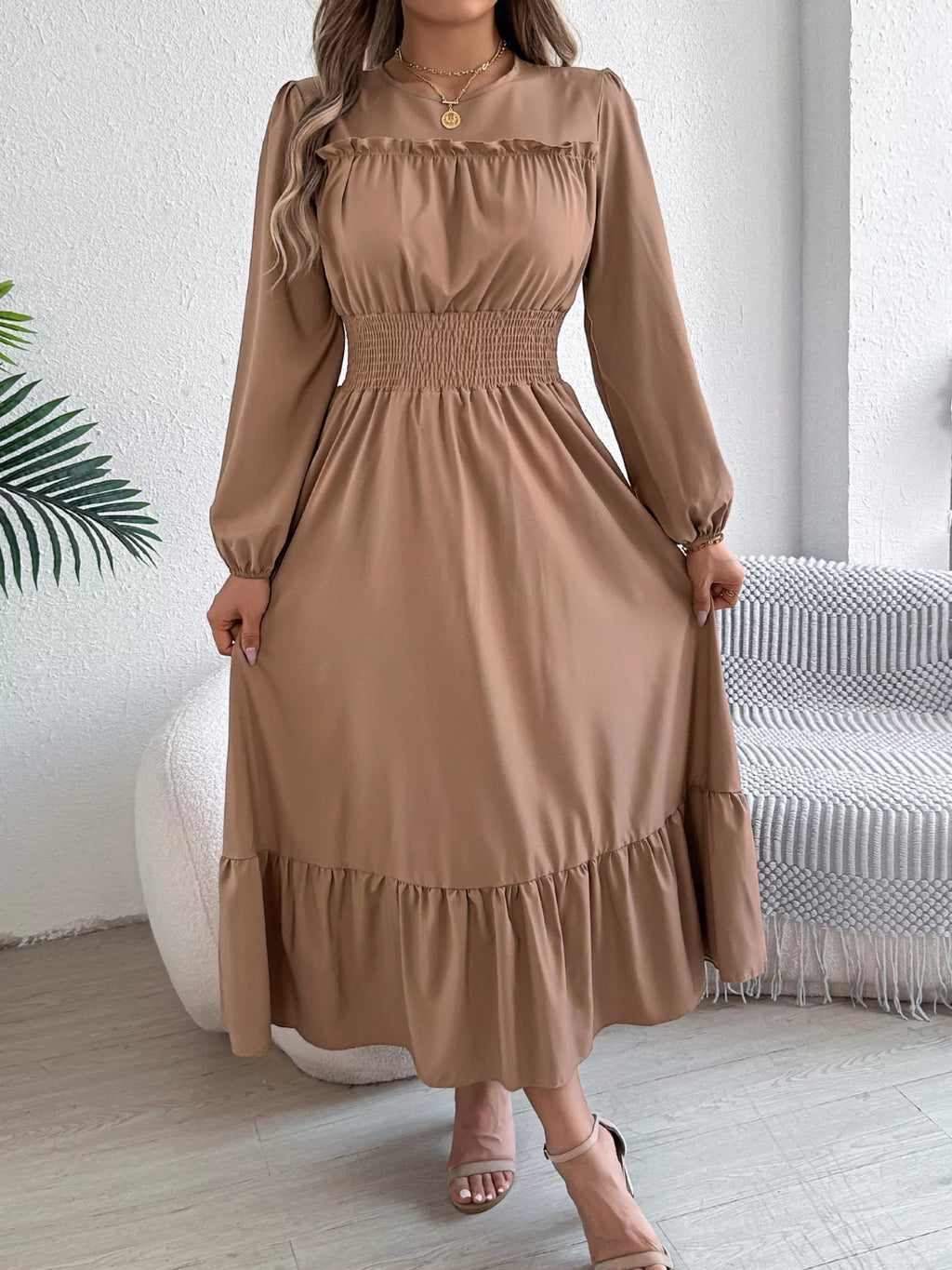 Round Neck Balloon Sleeve Tiered Dress (15)
