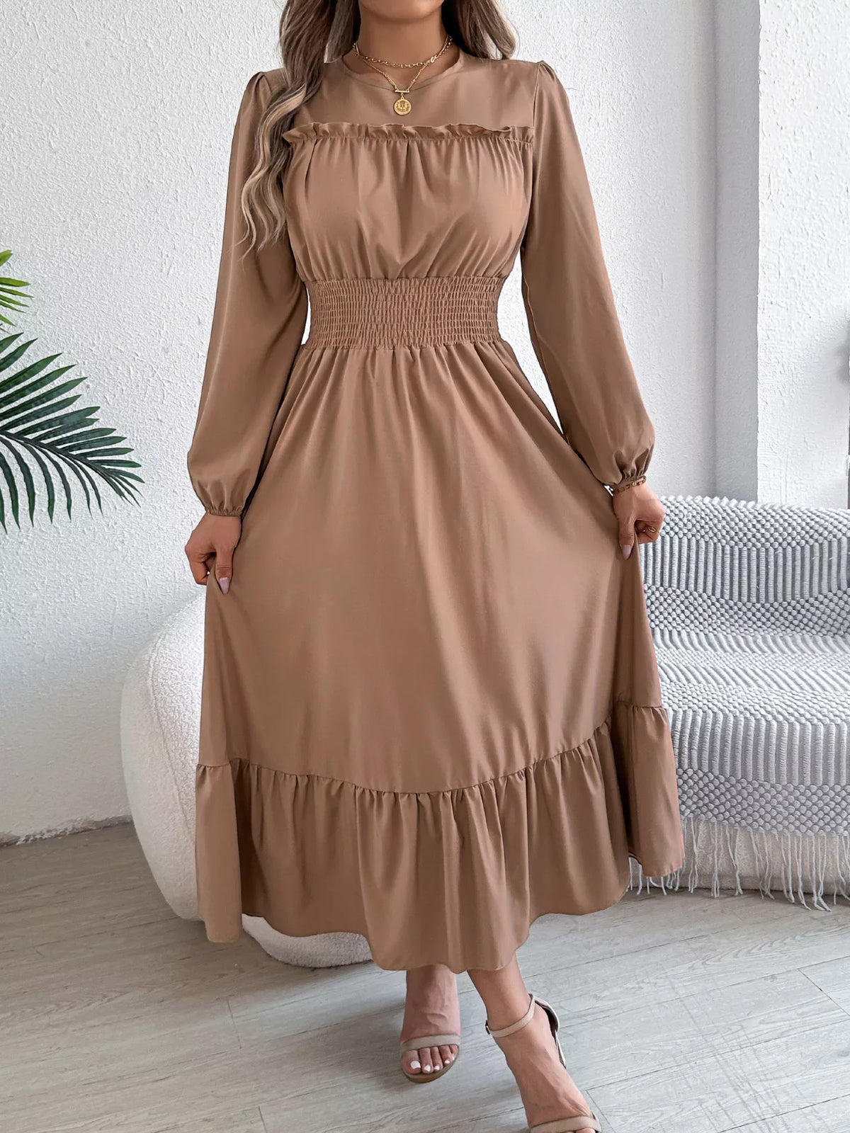 Round Neck Balloon Sleeve Tiered Dress (15)