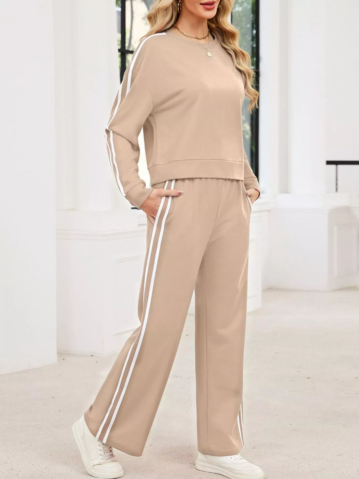 Striped Round Neck Sweatshirt Pants Set (2)