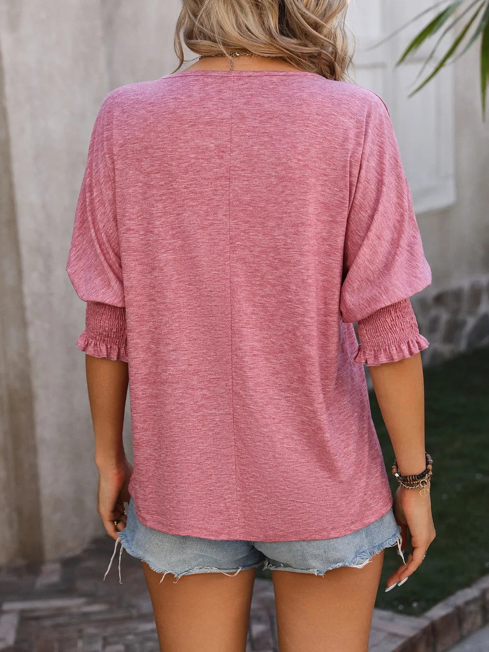 Heathered Notched Lantern Sleeve Blouse (16)