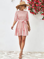 Striped Half Sleeve Tie Waist Mini Dress (5)