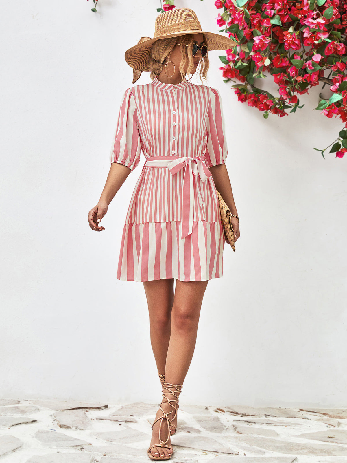 Striped Half Sleeve Tie Waist Mini Dress (5)