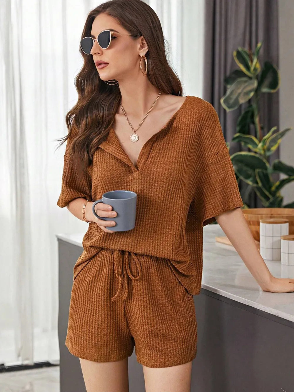 Full Size Waffle-knit Dropped Shoulder Top Shorts Set (17)