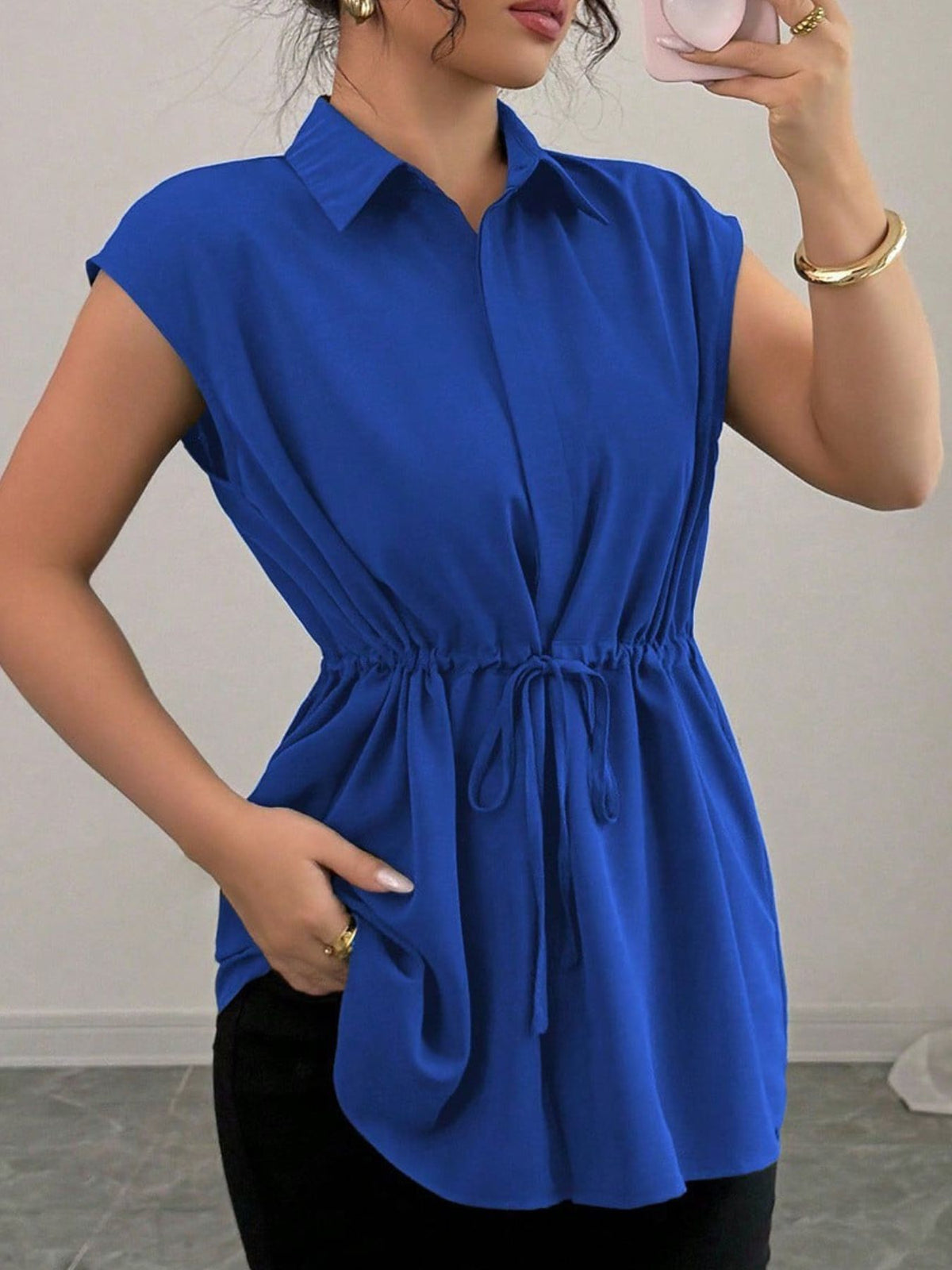 Drawstring Waist Cap Sleeve Shirt (32)