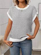Striped Round Neck Short Sleeve Knit Top (2)