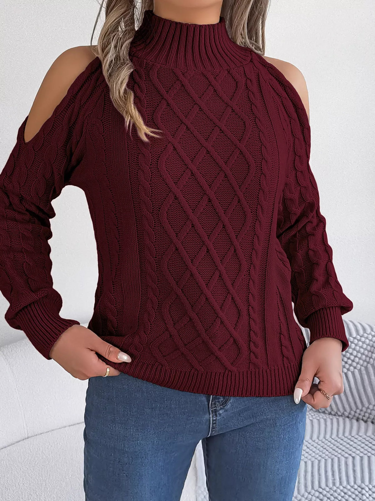 Cable Knit Cold Shoulder Turtleneck Sweater (17)