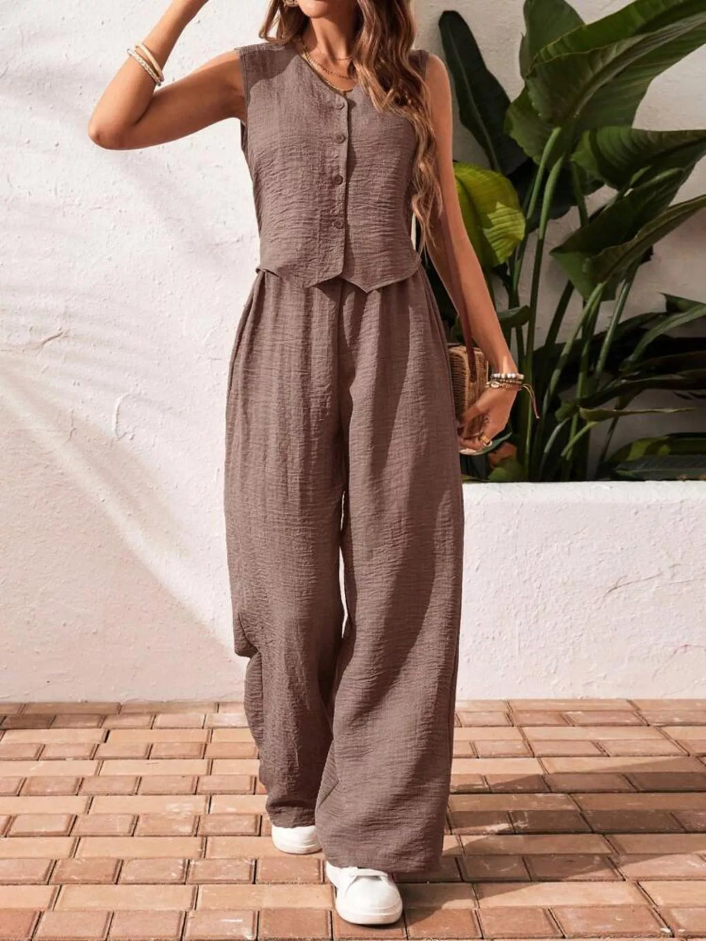Button-down Vest Wide Leg Pants Set (16)
