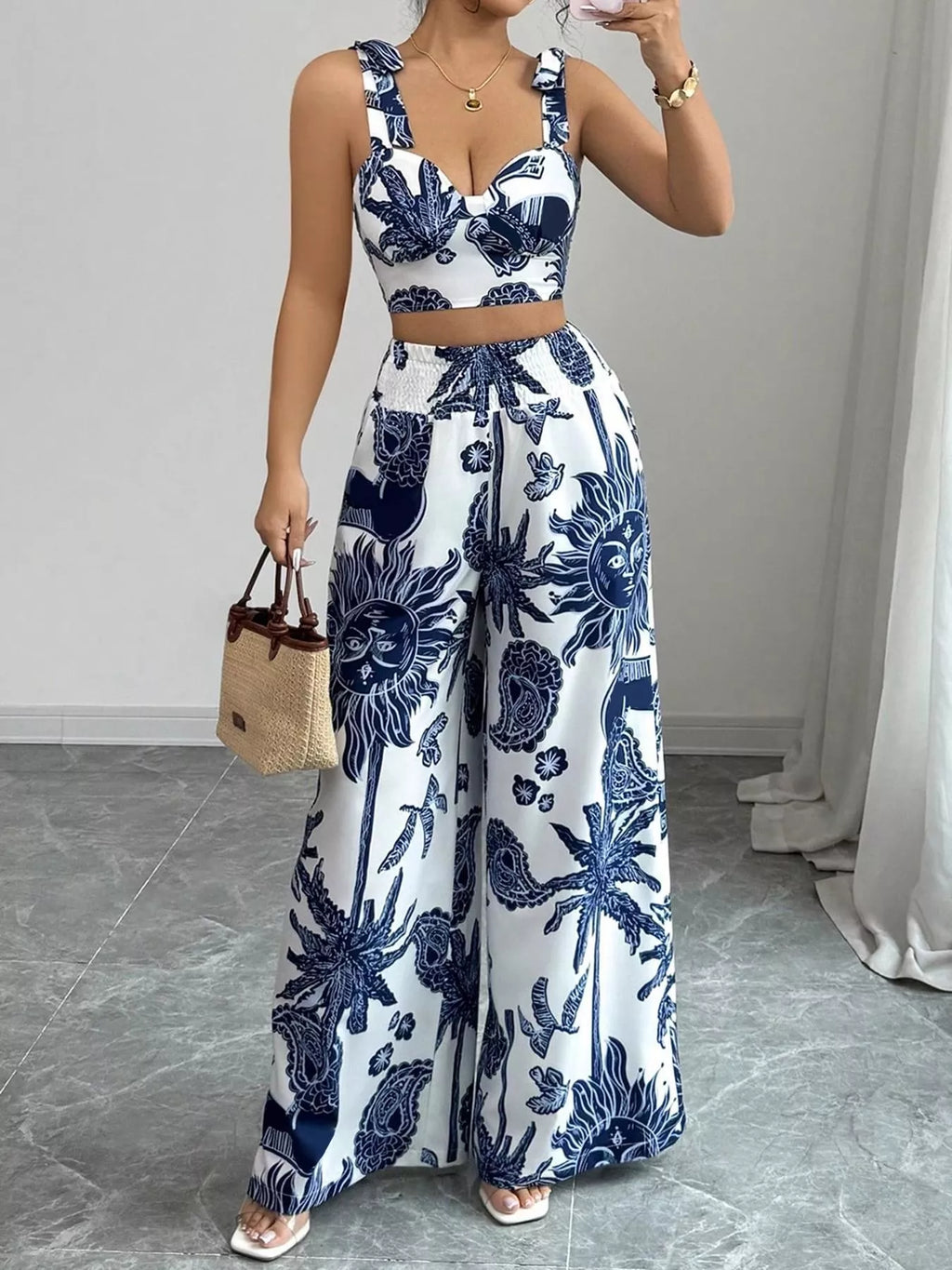 Floral Print Crop Top Wide Leg Pants Set (2)