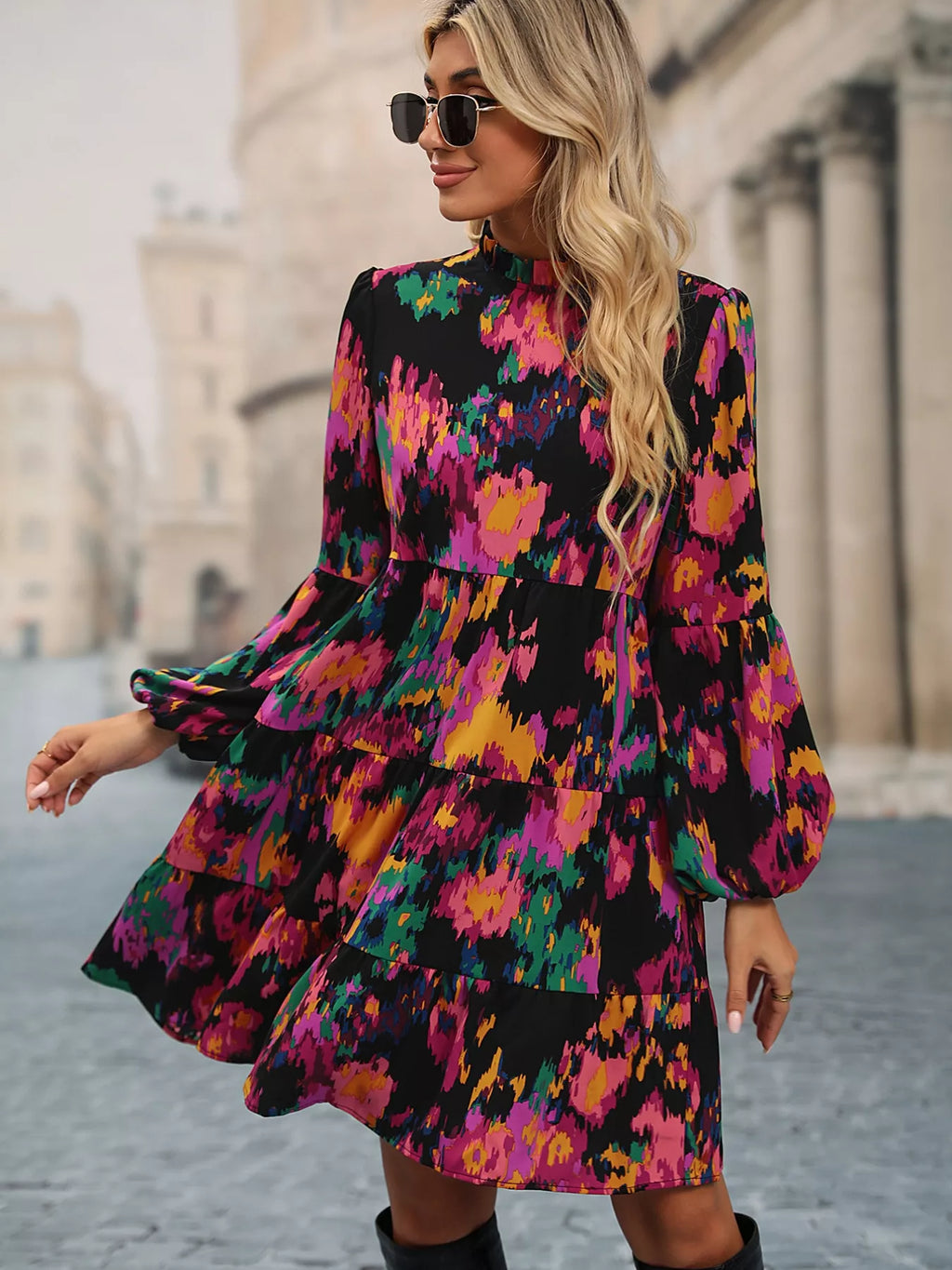 Printed Balloon Sleeve Mini Dress (6)
