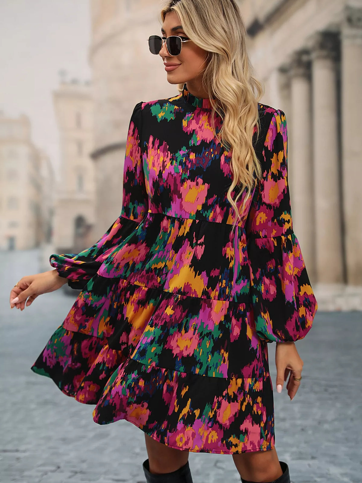 Printed Balloon Sleeve Mini Dress (6)