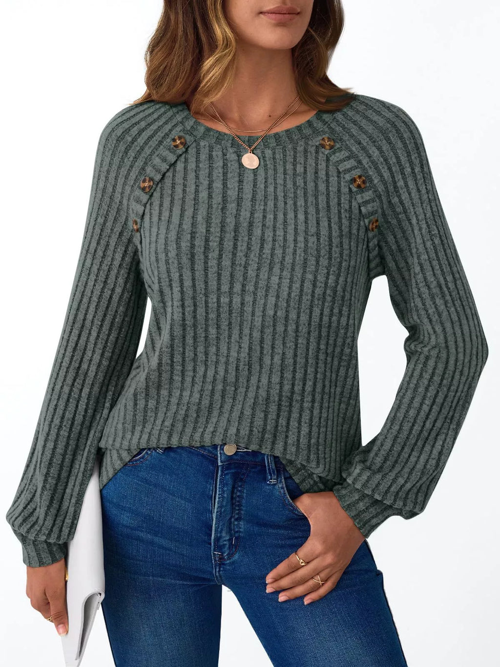 Ribbed Knit Decor Button Long Sleeve T-shirt (6)