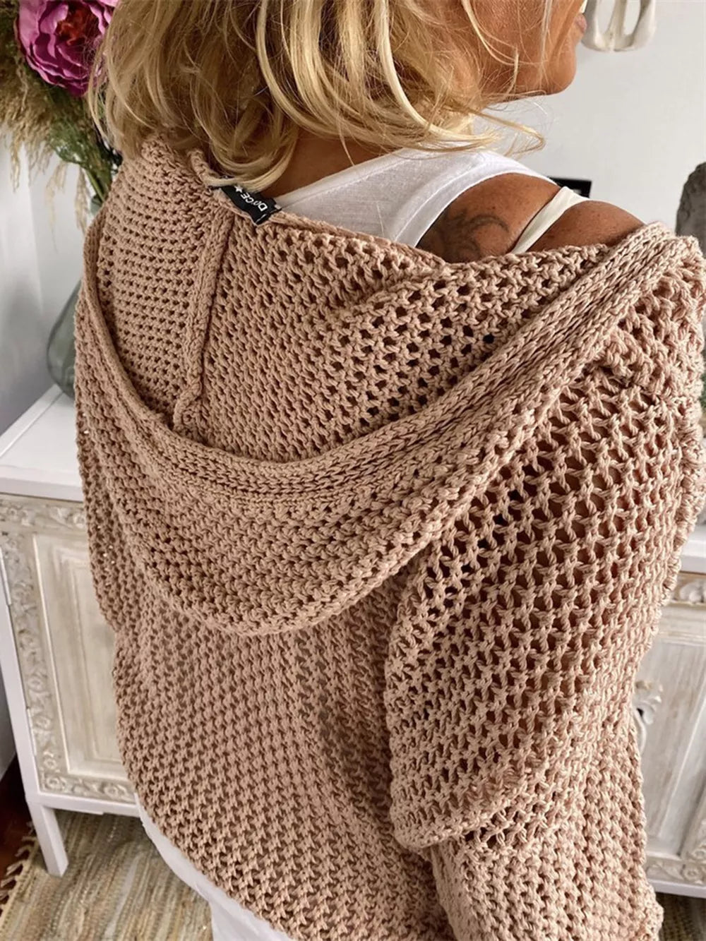 Openwork Hooded Long Sleeve Sweater (2)